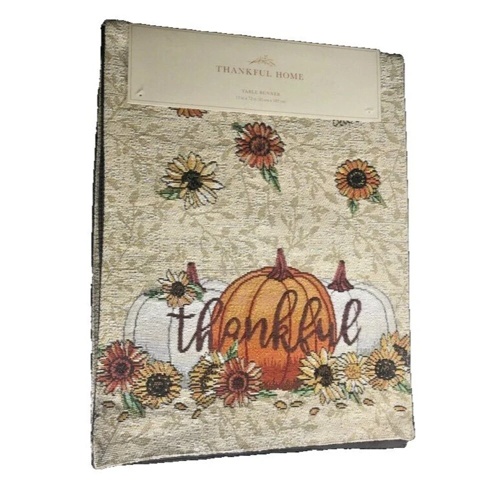 Thanksgiving Table Runner Tapestry Thankful Pumpkin Sunflower Leaves 13x72 Fall